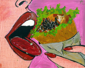 Up close painting of a woman eating a taco by artist Genevieve Kara Tefft.