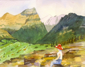 Watercolor of woman in red hat sitting while overlooking mountain scene by artist Hazel Pearce.