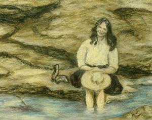 Color pencil of woman soaking her feet in a creek drawing by artist Janet Dyer.