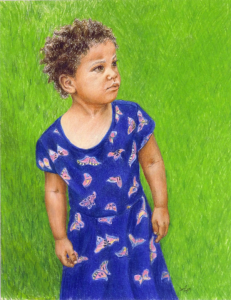 Painting of a girl in purple blue dress standing on the grass by artist Janet Dyer.