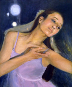 Oil painting of a dancer in a lavender dress by artist Leah Tewari.