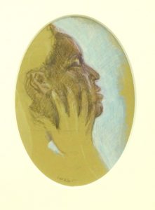 Drawing of a woman with her face in her hands matted in oval by artist Lori McAdams.