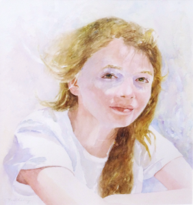 Watercolor of a young girl by artist Lynn Schilling.