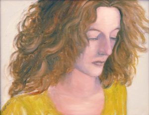 Painting of a woman in a yellow shirt by artist Thomas K Pauley.