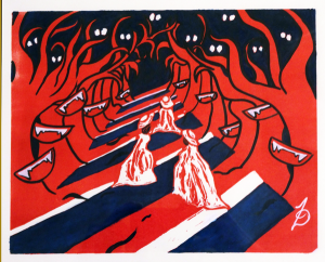 Abstracted painting of red figures menacing three women walking on a strpied road by artist Zoe Leigh Turner