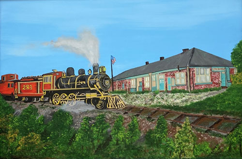 16 – Bertie McClain – KM Depot and Train c.1950s – acrylic, oil